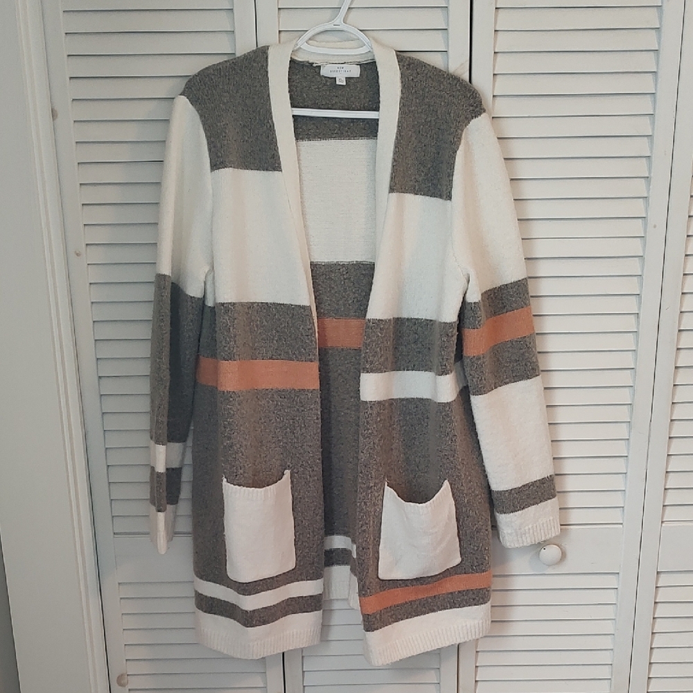 new directions Striped Open-Front Cardigan - White, Gray & Brown